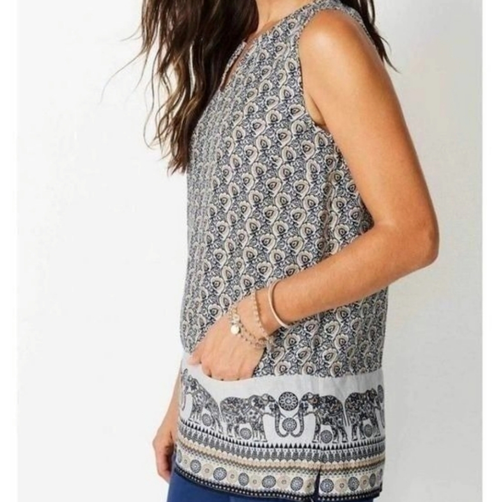 J. Jill Love Linen | 100% Linen Top w/ Blue and yellow elephant print